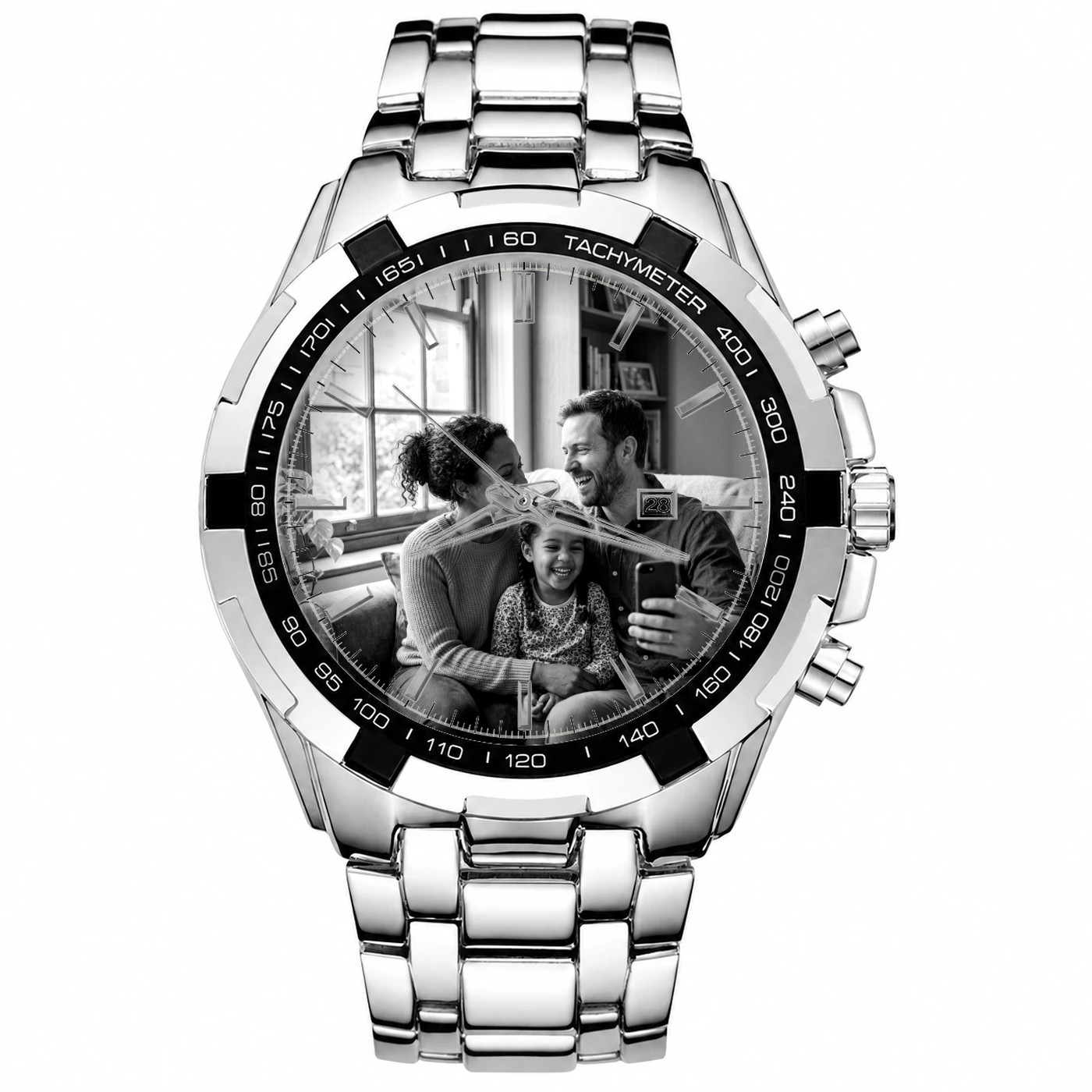 Family of three portrait on a Steel Chrono watch, Heirloom Monochrome style
