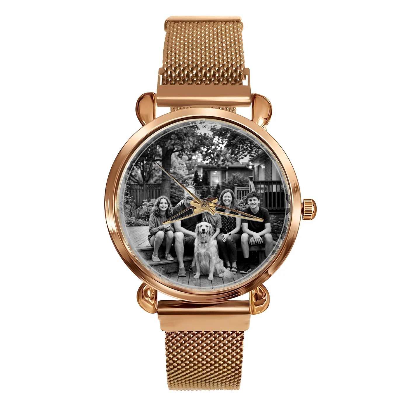 Family and dog portrait on a Rose Gold Mesh watch, Heirloom Monochrome style