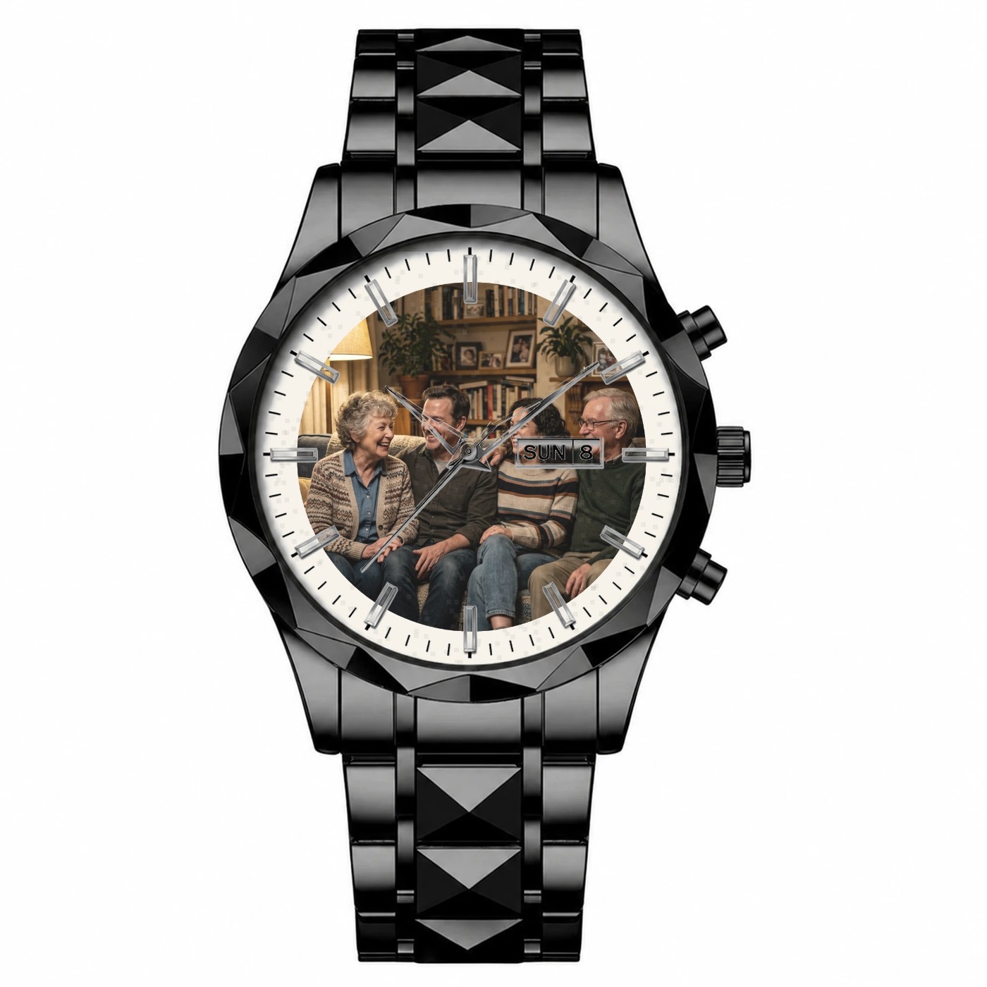 Three generations portrait on an All Black watch, Polaroid style