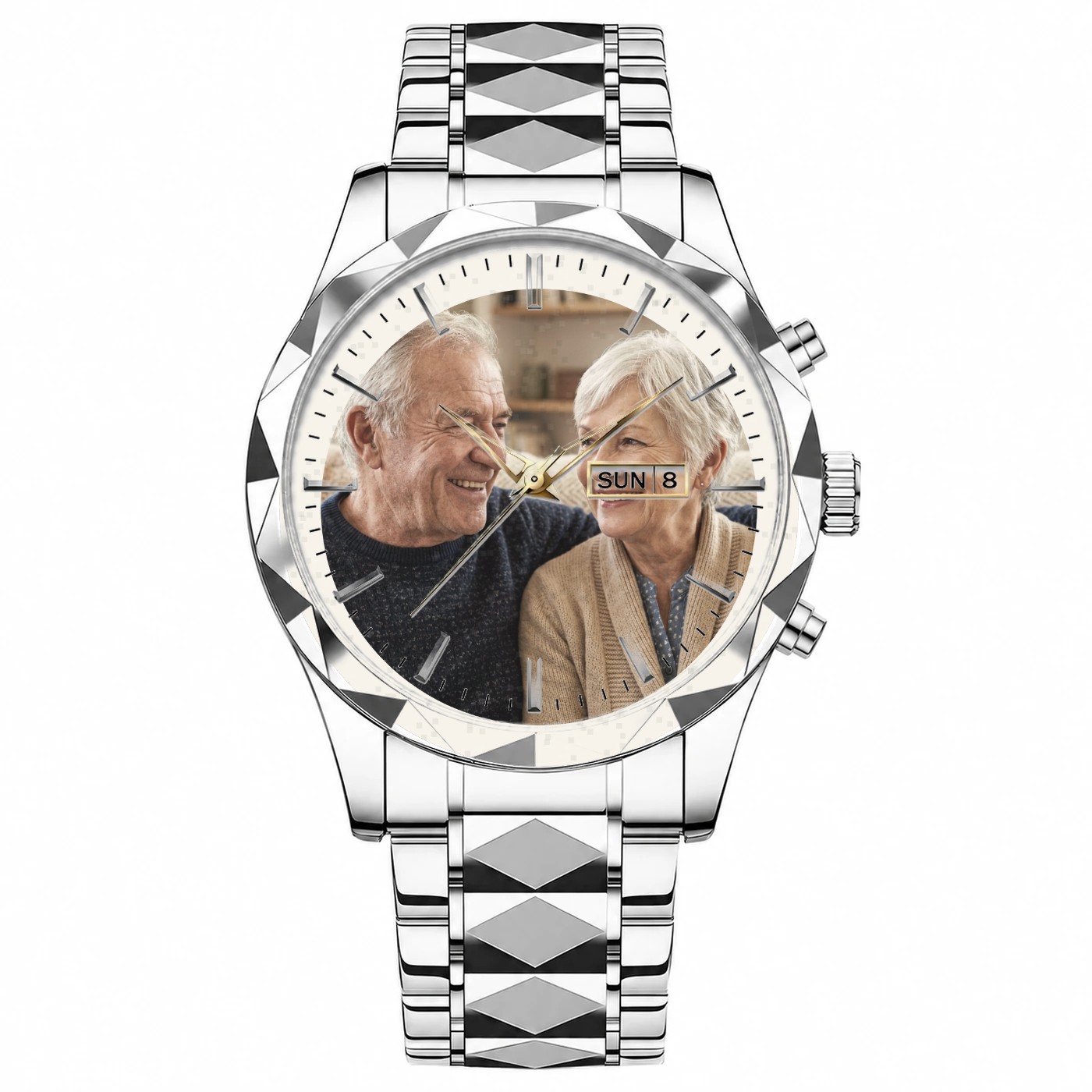 Older couple portrait on a Silver & Gold watch, Polaroid style