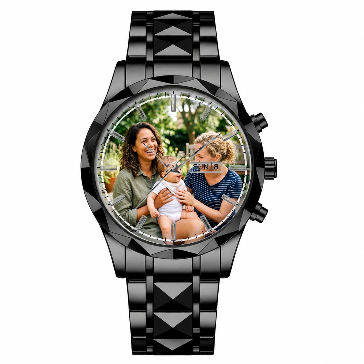 Two mothers and baby portrait on a Steel Chrono watch, Polaroid style