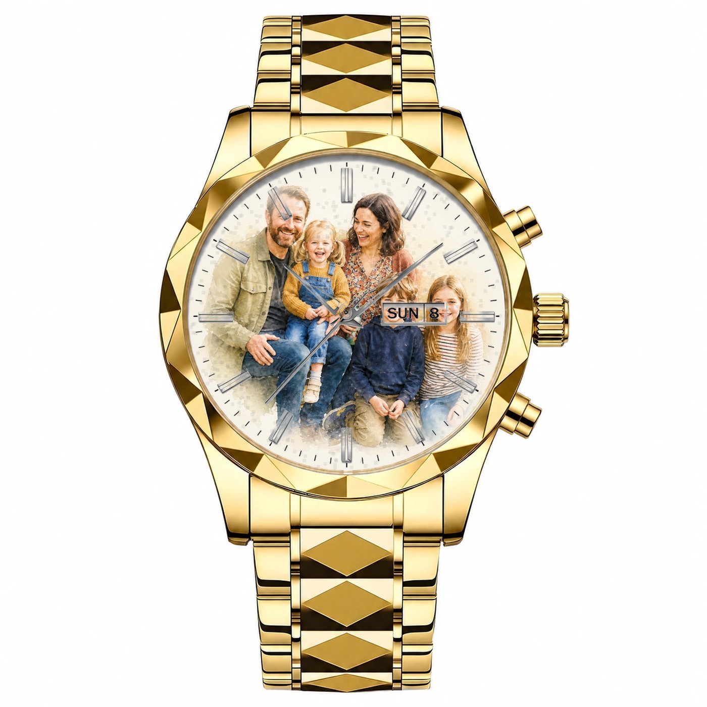 Family of five portrait on a Full Gold watch, Watercolor style, painted