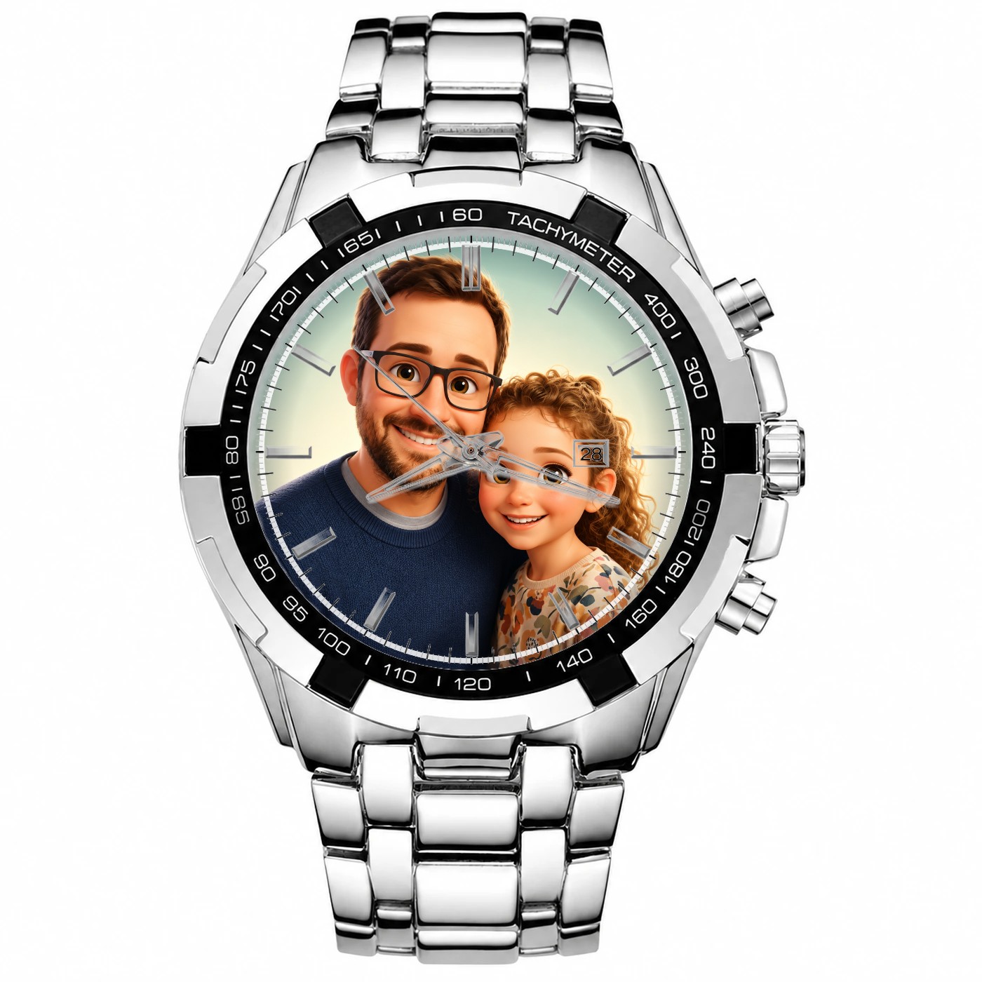 Dad and daughter portrait on a Steel Chrono watch, 3D Animated style, painted