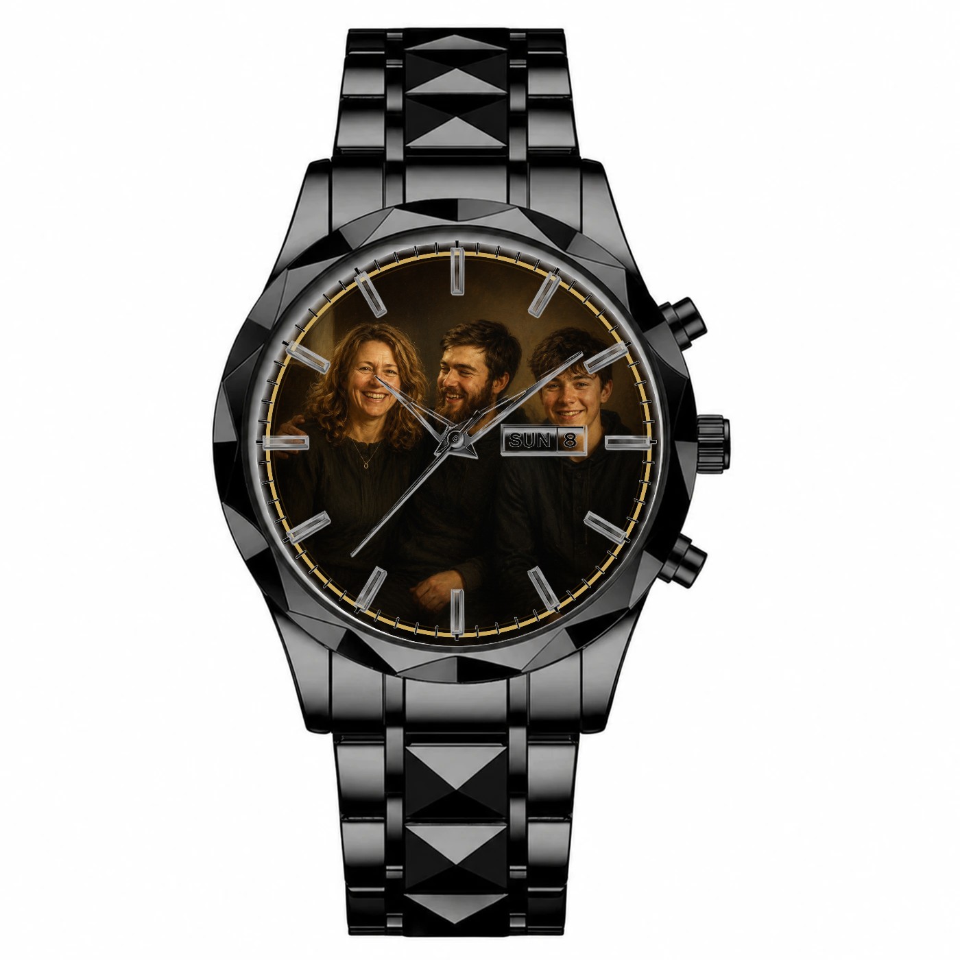 Mother and sons portrait on an All Black watch, Royal Oil style, painted